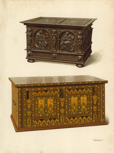 Oak Chest, Property of Seymour Lucas; Oak Inlaid Nonesuch Chest by Shirley Charles Llewellyn Slocombe